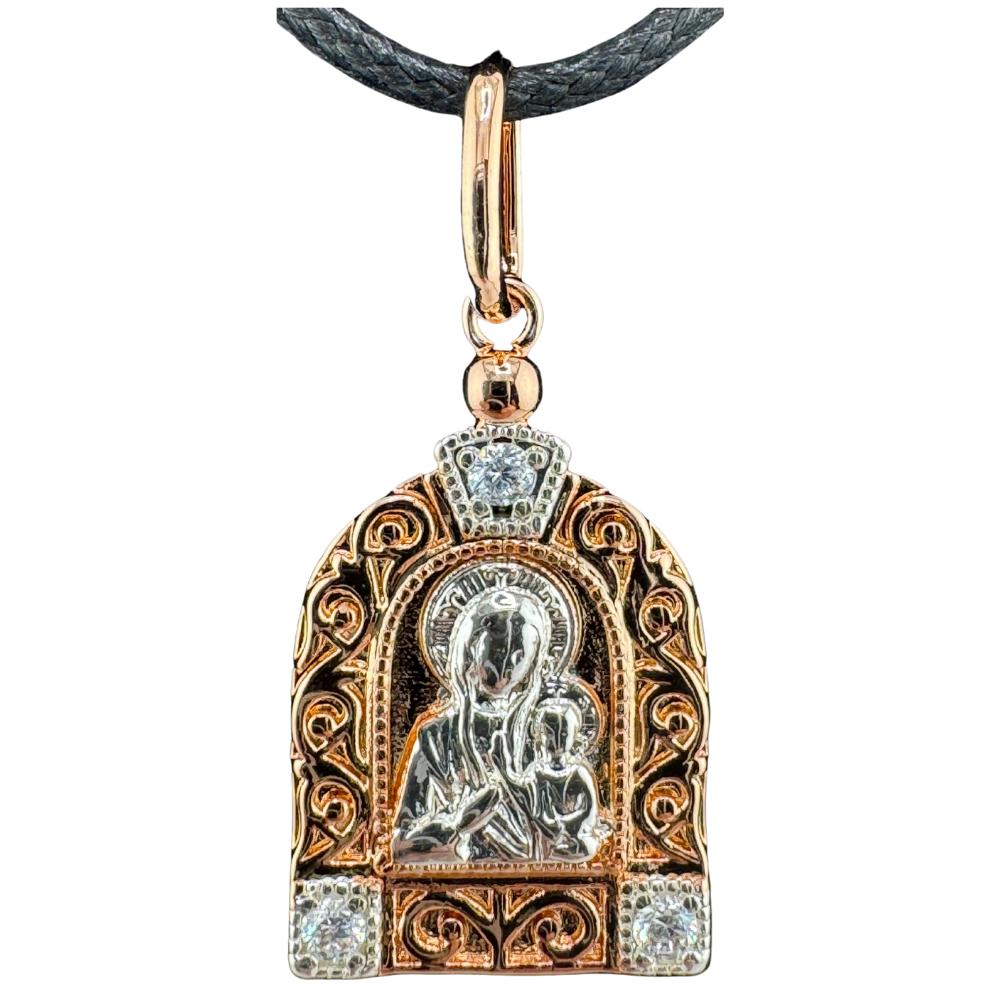 Smolensk Icon of the Most Holy Theotokos Pendant Plated in Two-Tone Gold (Rose and White) with Zircon Stones Smolensk Icon of the Most Holy Theotokos Pendant Plated in Two-Tone Gold (Rose and White) with Zircon Stones